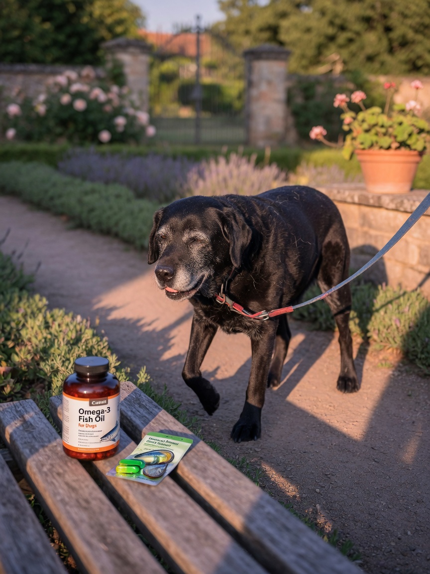 Senior Labrador walking with stiff gait while joint support supplements sit on nearby garden bench