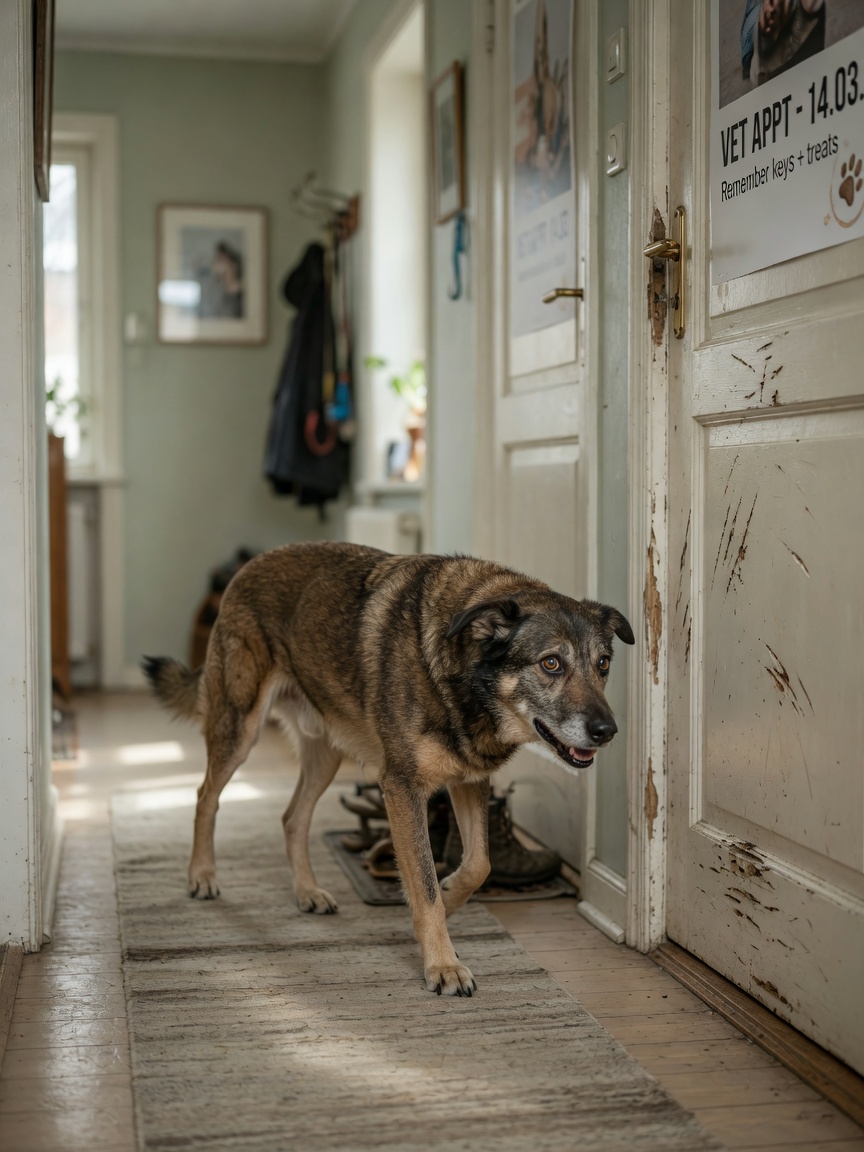 Restless dog pacing near a door with anxiety-related scratches visible on the doorframe