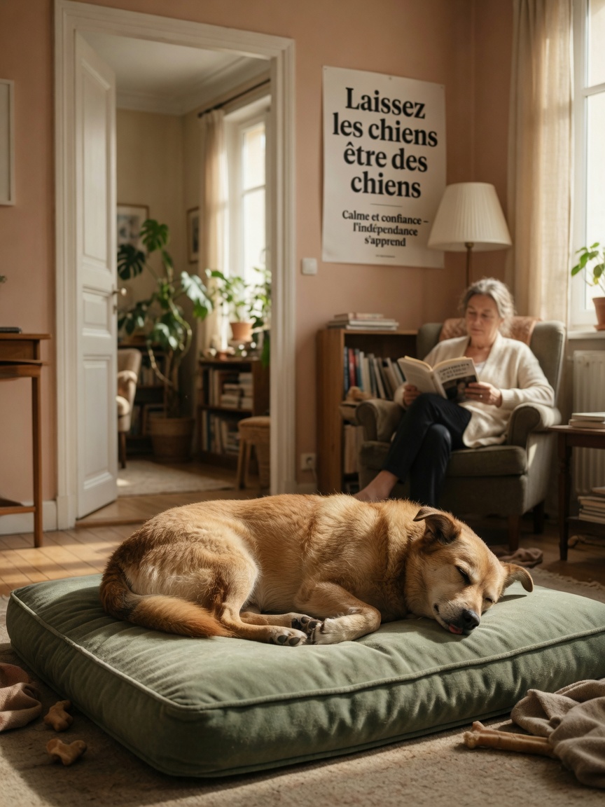Dog resting calmly on a cushion in a separate room while owner sits nearby demonstrating independence training