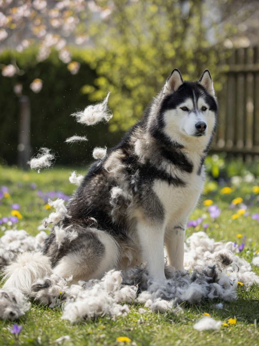 A Husky shedding dramatically during spring coat blowout, with clumps of undercoat fur visible falling and accumulating