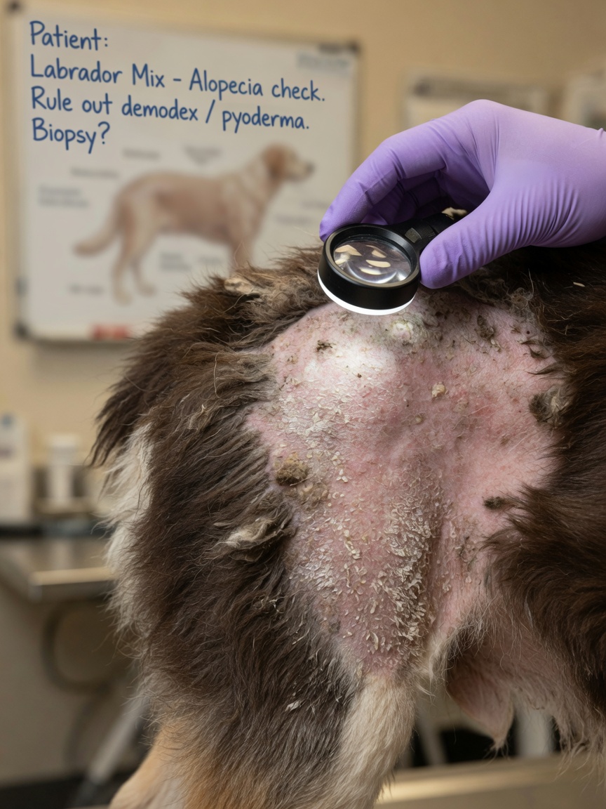 Veterinarian examining patchy, asymmetrical hair loss and skin lesions on a dog during diagnostic evaluation