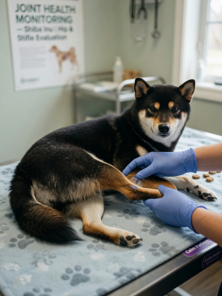 Veterinarian examining a black and tan Shiba Inu's back leg on examination table, showing gentle joint assessment
