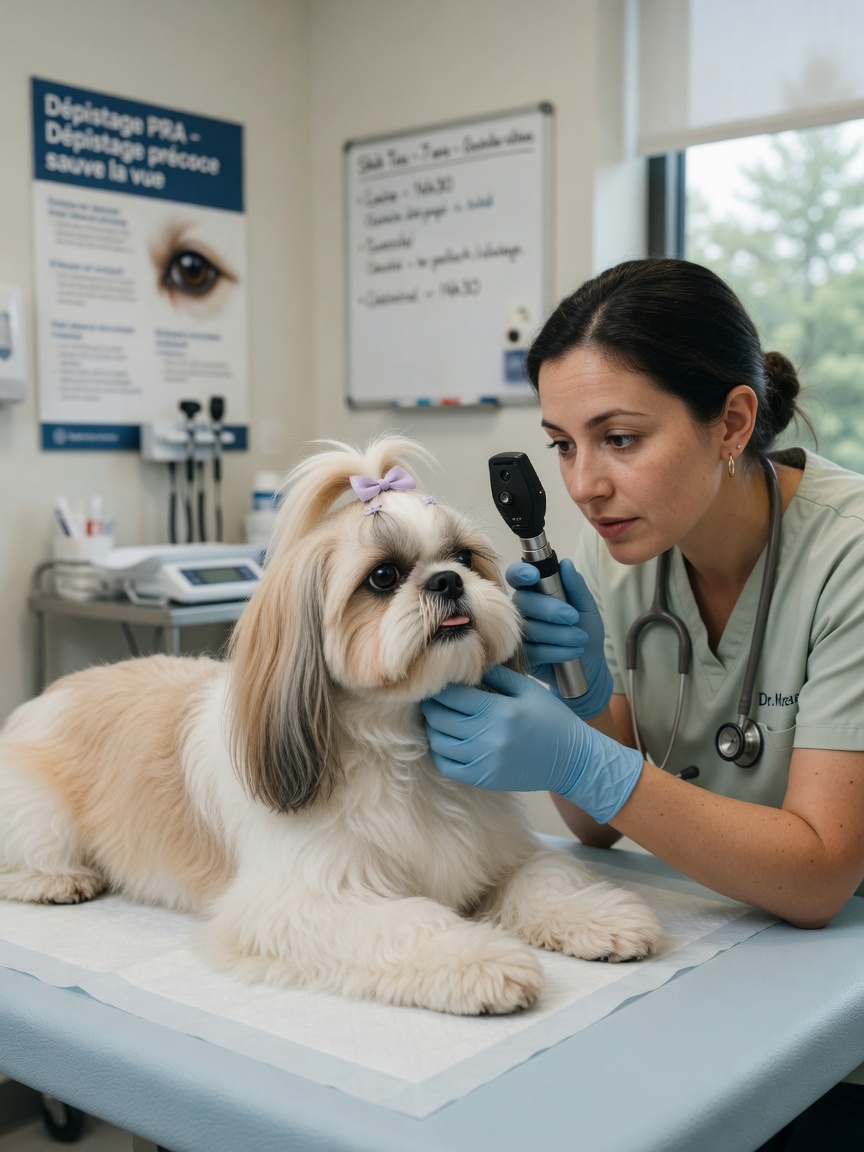 A veterinarian performing an eye examination on a Shih Tzu to check for progressive retinal atrophy