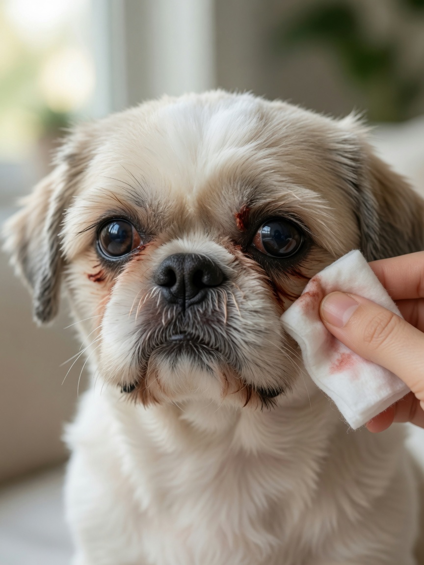Owner gently cleaning tear stains beneath a Shih Tzu's eyes with a dampened cotton pad during daily eye care routine