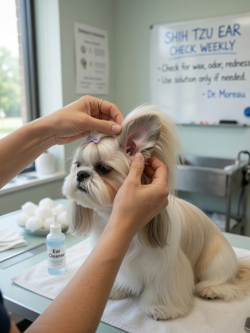 Groomer inspecting a Shih Tzu's heavy pendulous ear during a weekly ear inspection for signs of infection or wax buildup