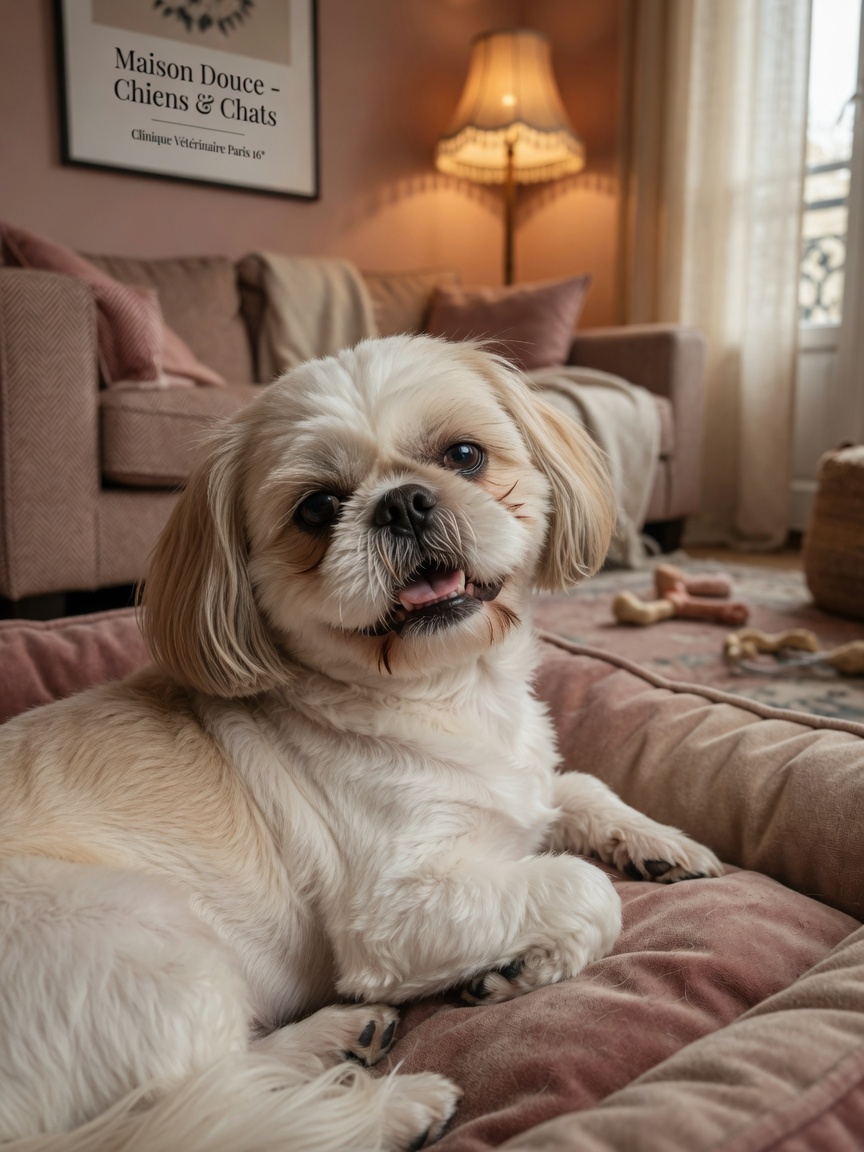 Shih Tzu mostrando signos de respiración dificultosa y angustia respiratoria en reposo