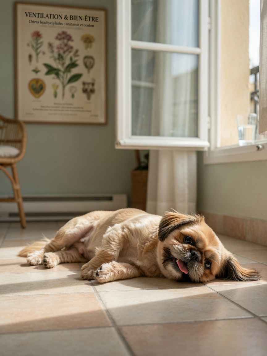 A fatigued Shih Tzu with a flat face resting on cool flooring, showing visible labored breathing