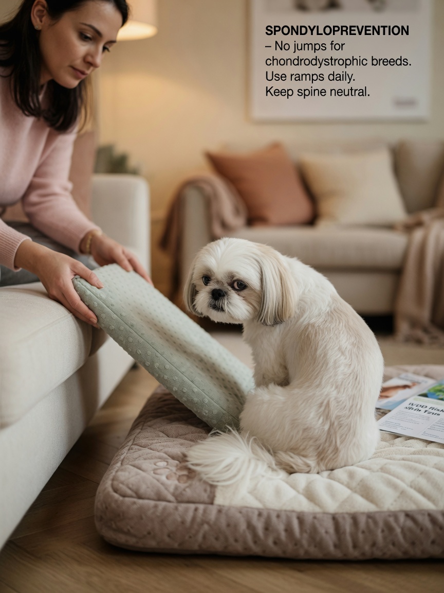 Owner positioning a ramp beside a sofa for a Shih Tzu showing spinal discomfort and guarded posture