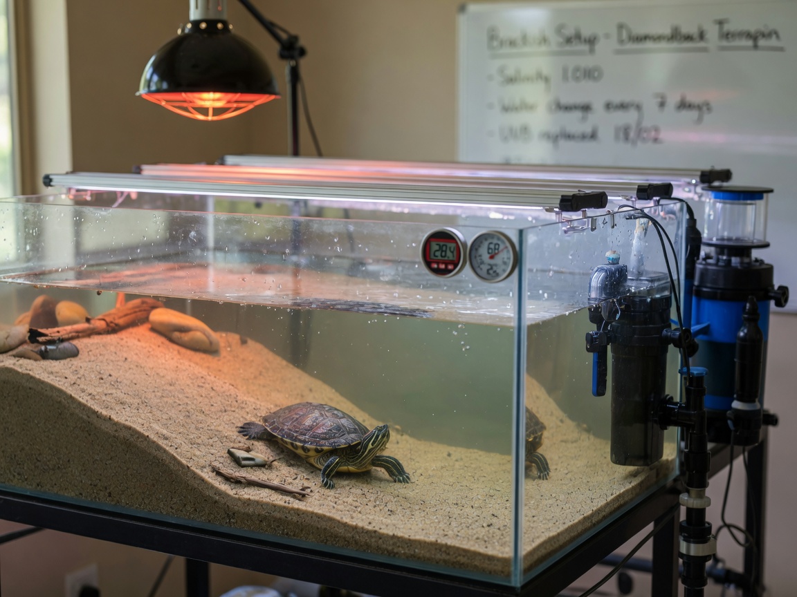 Una configuración profesional de tanque para tortuga acuática con agua salobres, área de asoleamiento, calefacción e iluminación UVB, y equipo de filtración