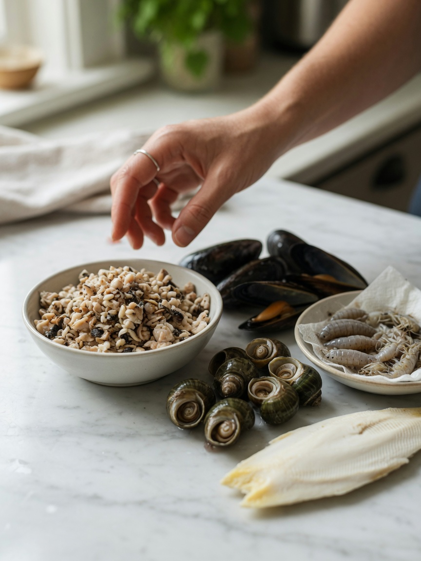 Artículos de alimento para galápago diamante frescos incluyendo almejas trituradas, mejillones, caracoles de agua dulce, crustáceos y hueso de sepia dispuestos para alimentar