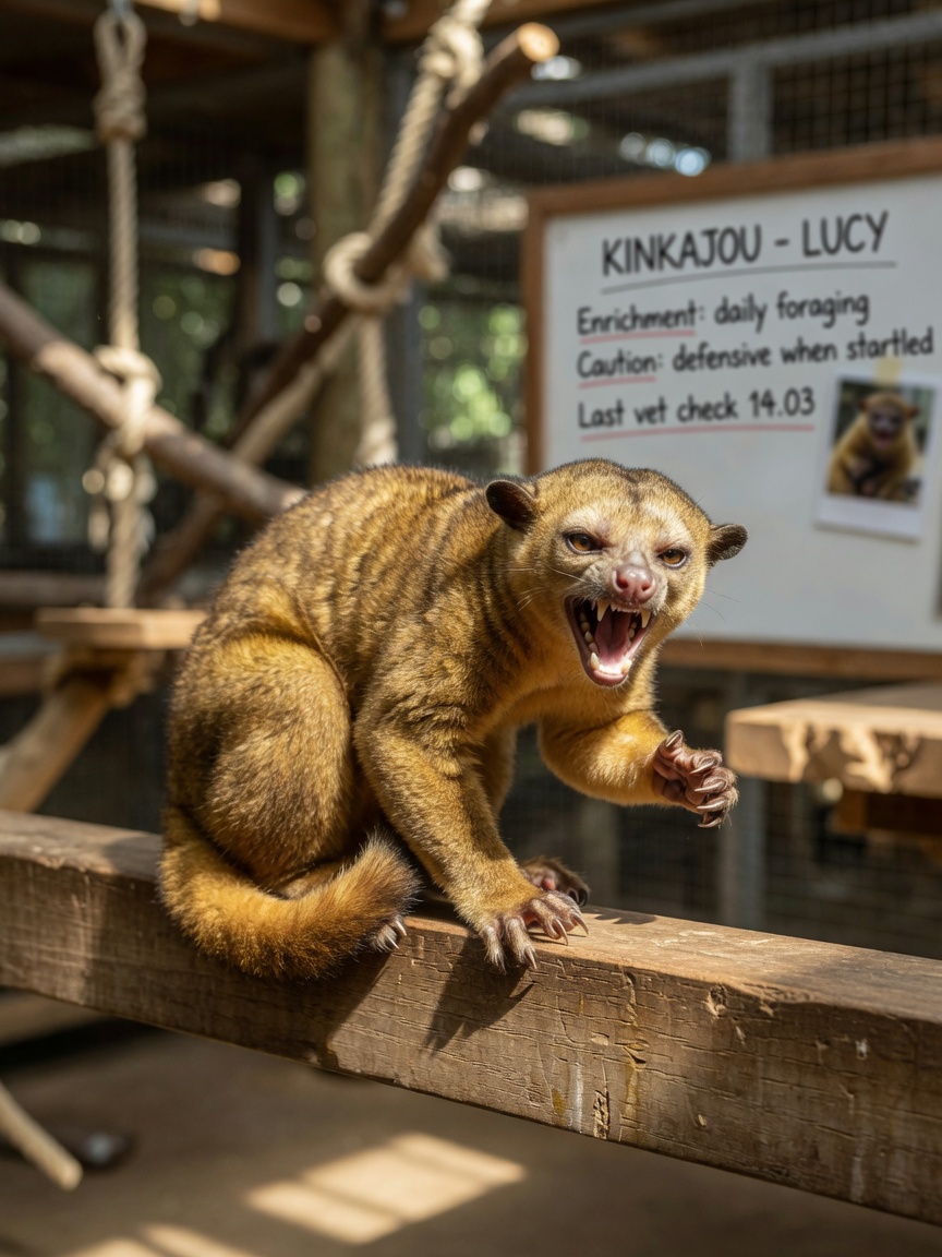 A kinkajou displaying defensive posture with bared teeth and flattened ears on a wooden climbing structure in an indoor enclosure