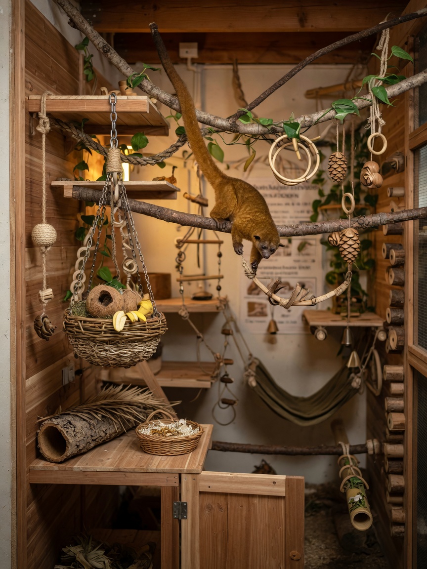 An elaborate multi-level wooden enclosure with climbing structures, platforms, branches, and enrichment items designed for kinkajou housing