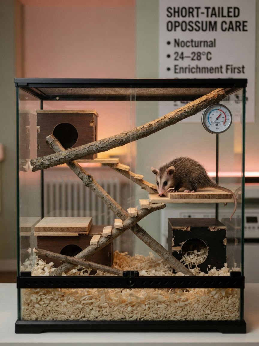 Ein spezialisiertes mehrstöckiges Gehege für Kurzschwanz-Beutelratten mit Kletterstrukturen, Nistkästen und Verstecken, mit angemessenem Einstreu und Temperaturkontrolle