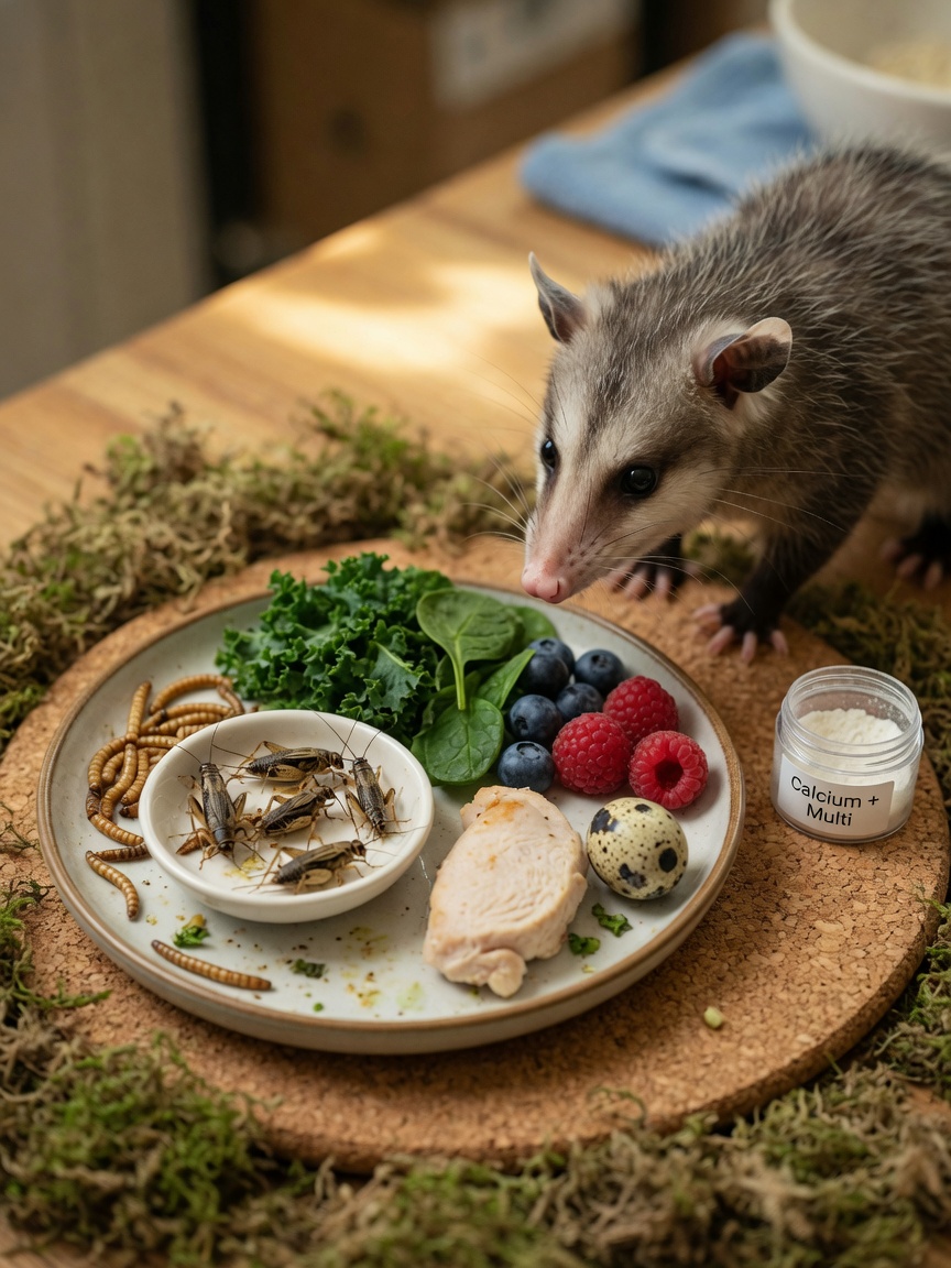 Eine Kurzschwanz-Beutelratte bei der Futtersuche zwischen ihren angemessenen Futterbestandteilen einschließlich Insekten, frischem Gemüse, Früchten und Proteinquellen