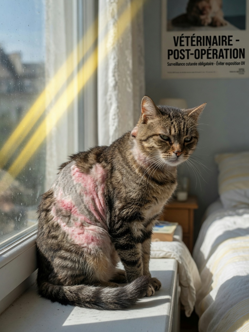 Shaved cat with irritated pink skin showing redness and discomfort in summer sunlight
