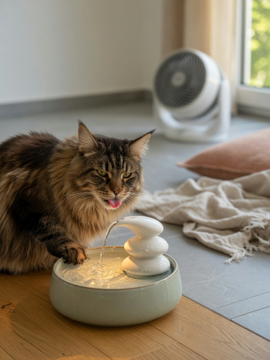 Long-haired Maine Coon cat drinking from water fountain with cooling accessories visible in background