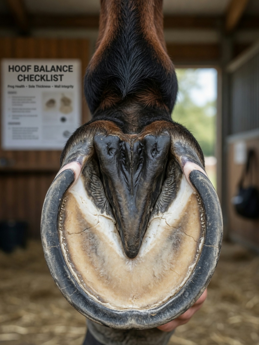 Close-up of a horse's bare hoof sole showing the frog, sole, and hoof wall anatomy