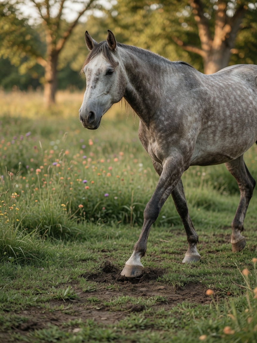 Barefoot grey horse walking freely on soft pasture terrain with natural ground contact