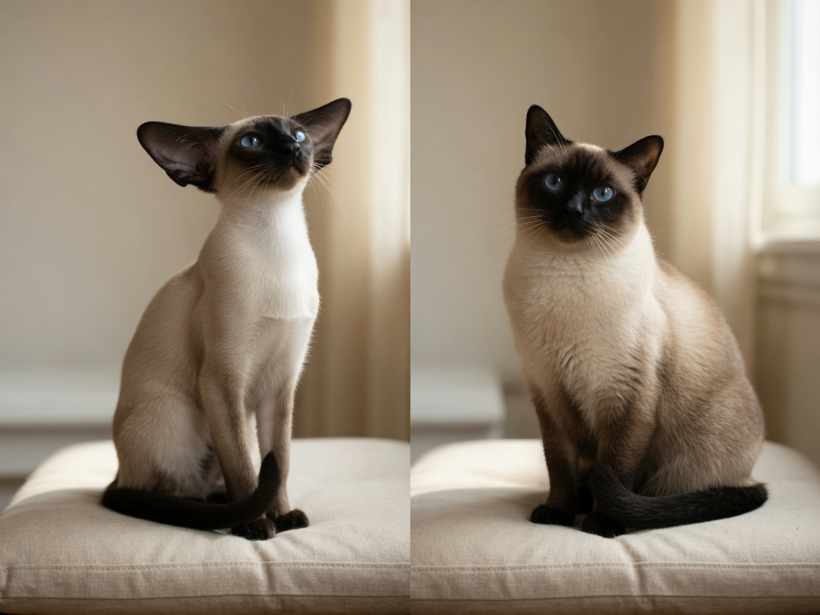 Modern wedge-head and traditional apple-head Siamese cats displayed side-by-side to show body type differences