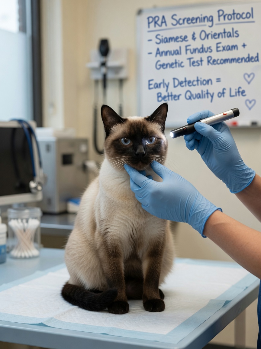 Siamese cat undergoing veterinary eye examination to screen for Progressive Retinal Atrophy