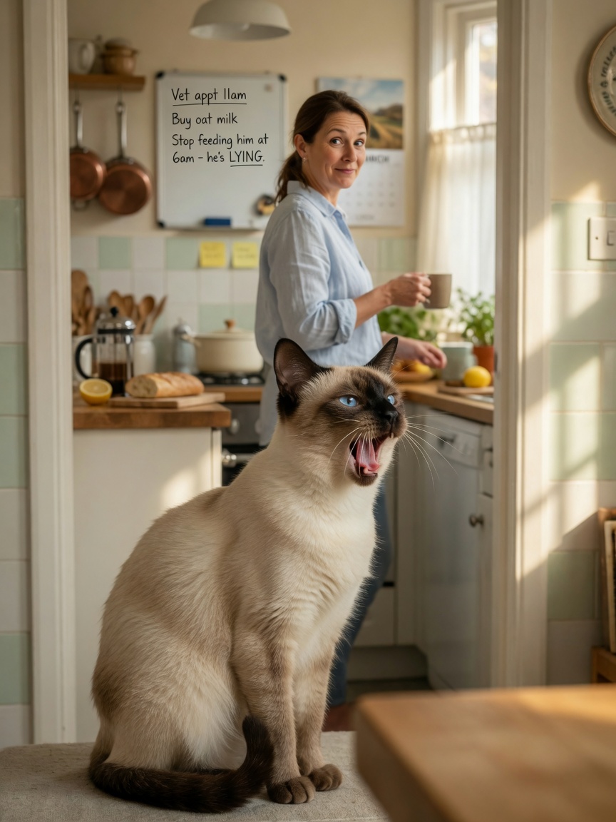 Siamese cat with seal-point markings and blue eyes vocalizing loudly in a kitchen doorway, owner watching with amusement