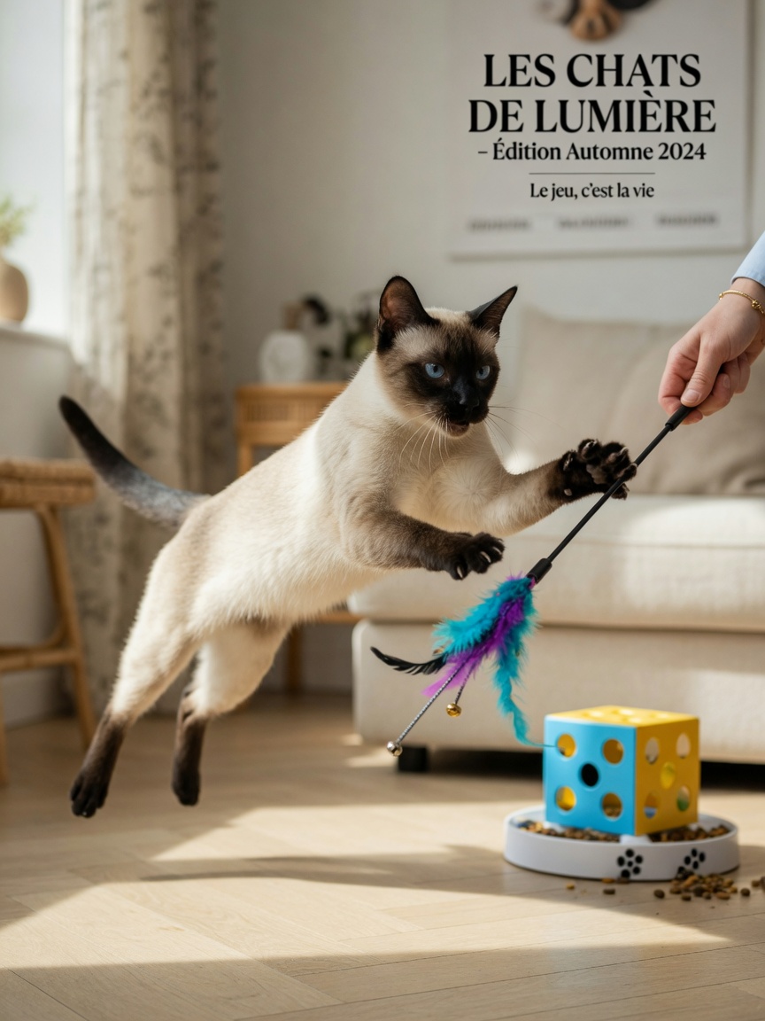 Siamese cat with blue eyes pouncing on a feather wand toy during interactive play, showing its intelligence and activity level