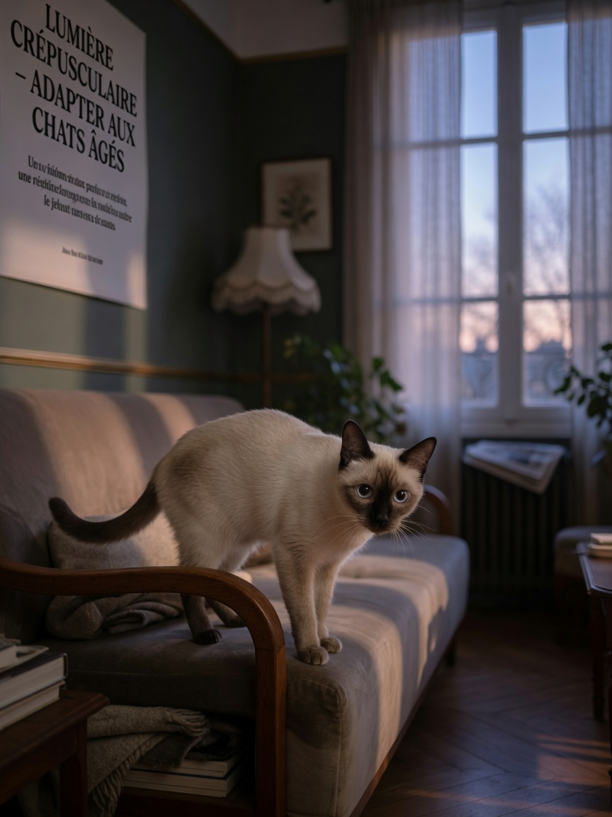Siamese cat with vision loss carefully navigating a dimly lit home environment