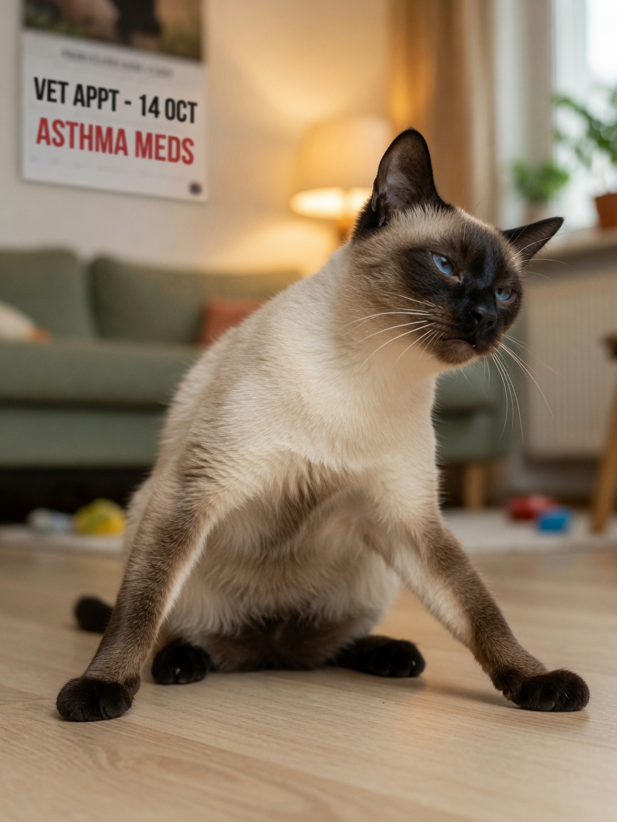 Siamese cat in respiratory distress showing characteristic crouched posture during an asthma attack