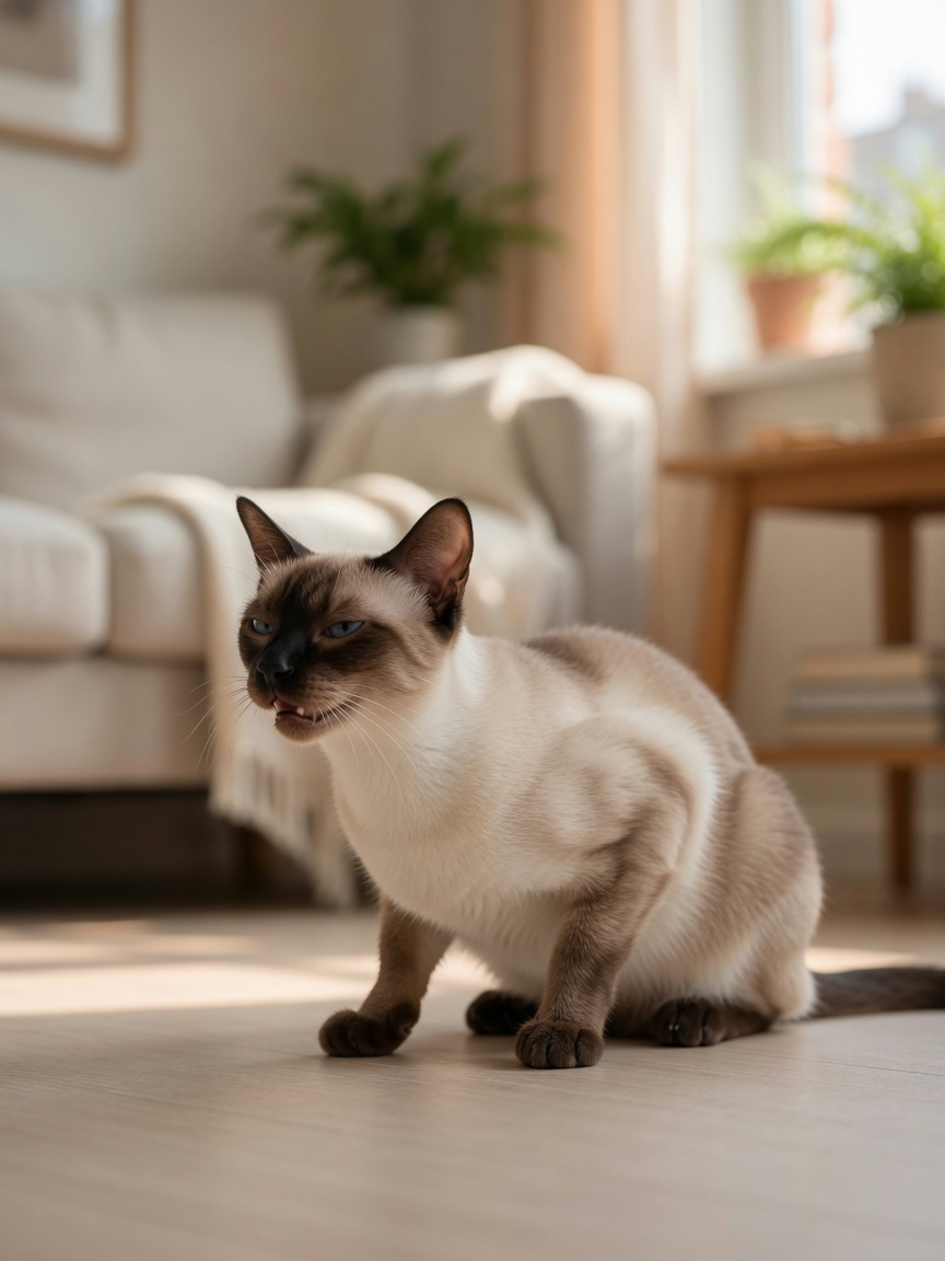 Siamese cat in respiratory distress, crouching with extended neck during an asthma episode