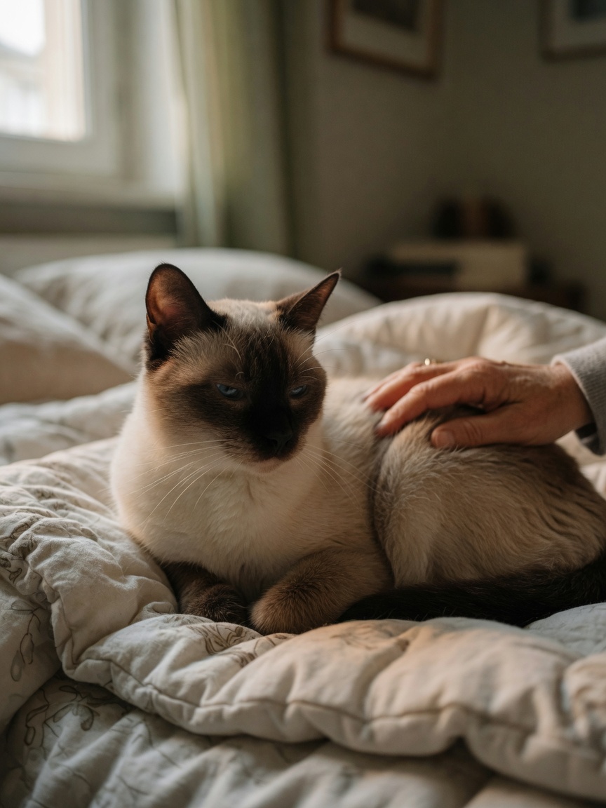 Siamese cat resting peacefully with owner's supportive hand, conveying calm care and companionship