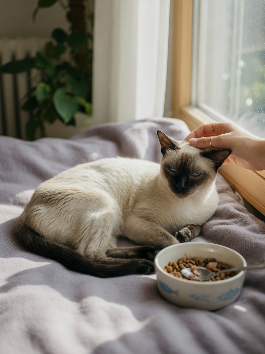 Unwell Siamese cat resting by window with owner's gentle hand, showing subtle illness signs