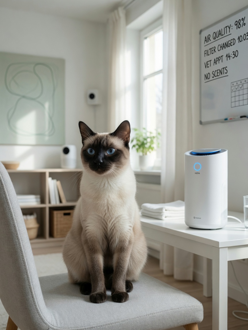 Modern Siamese cat in clean home environment near air purifier, illustrating asthma management