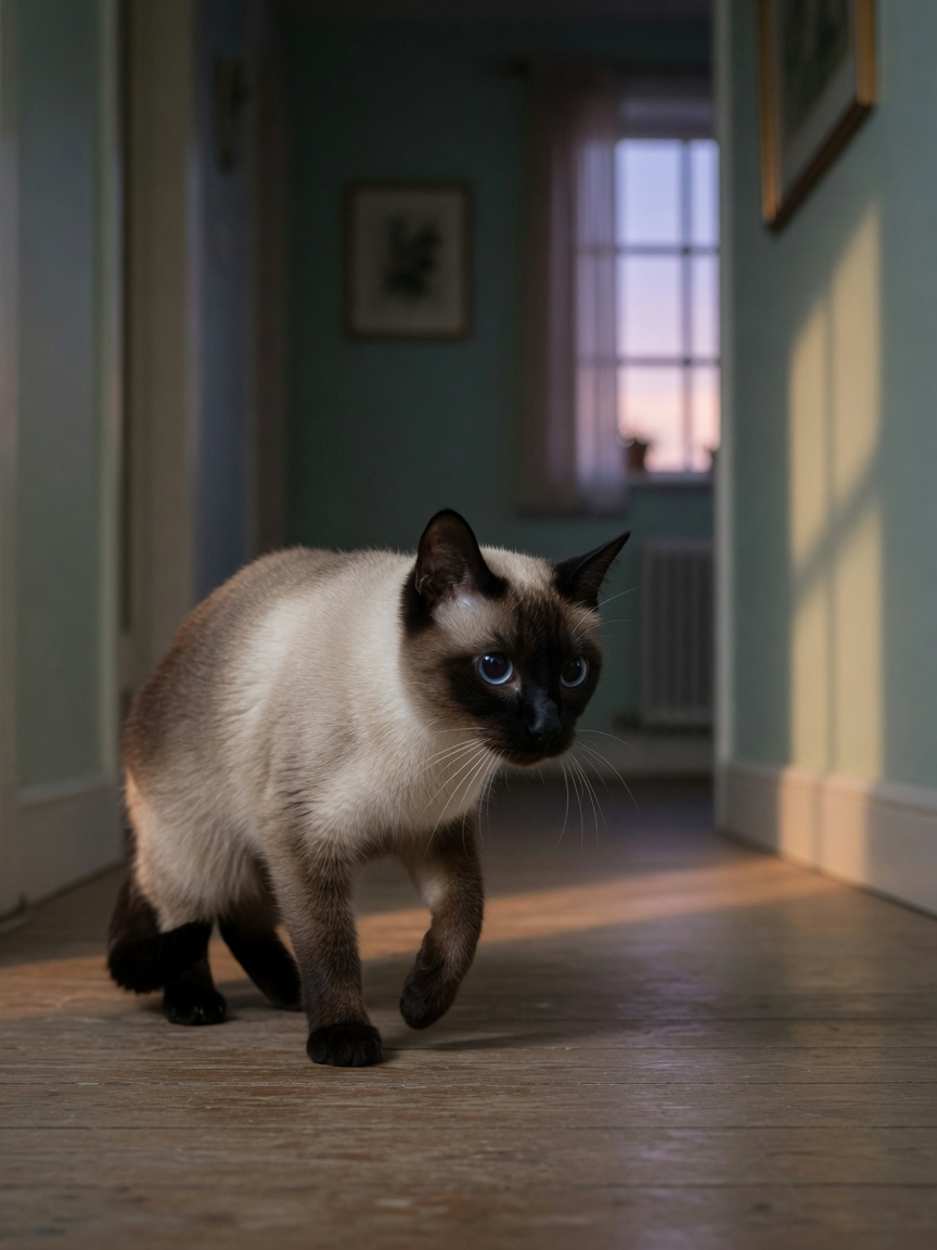 Siamese cat showing reluctance to navigate low-light environment, displaying early signs of vision loss