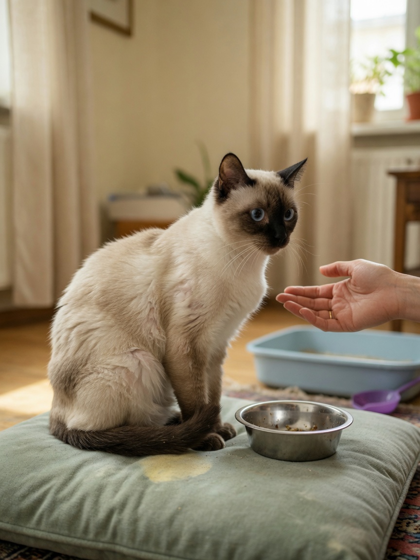 Stressed Siamese cat displaying stress-related behavioral changes and grooming issues, with concerned owner nearby