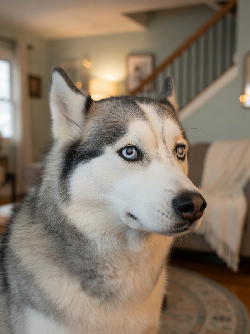Siberian Husky profile showing visible cataract cloudiness in one eye with clear eye in contrast