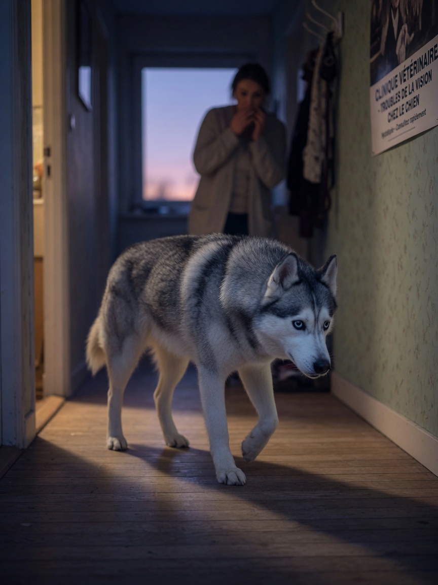 Siberian Husky carefully navigating dimly lit hallway showing signs of night blindness and cautious movement