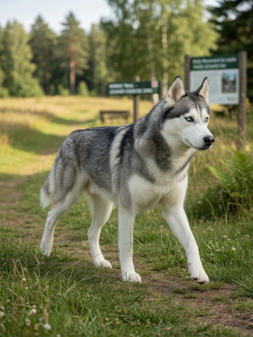 Healthy Siberian Husky walking with strong gait on a natural trail