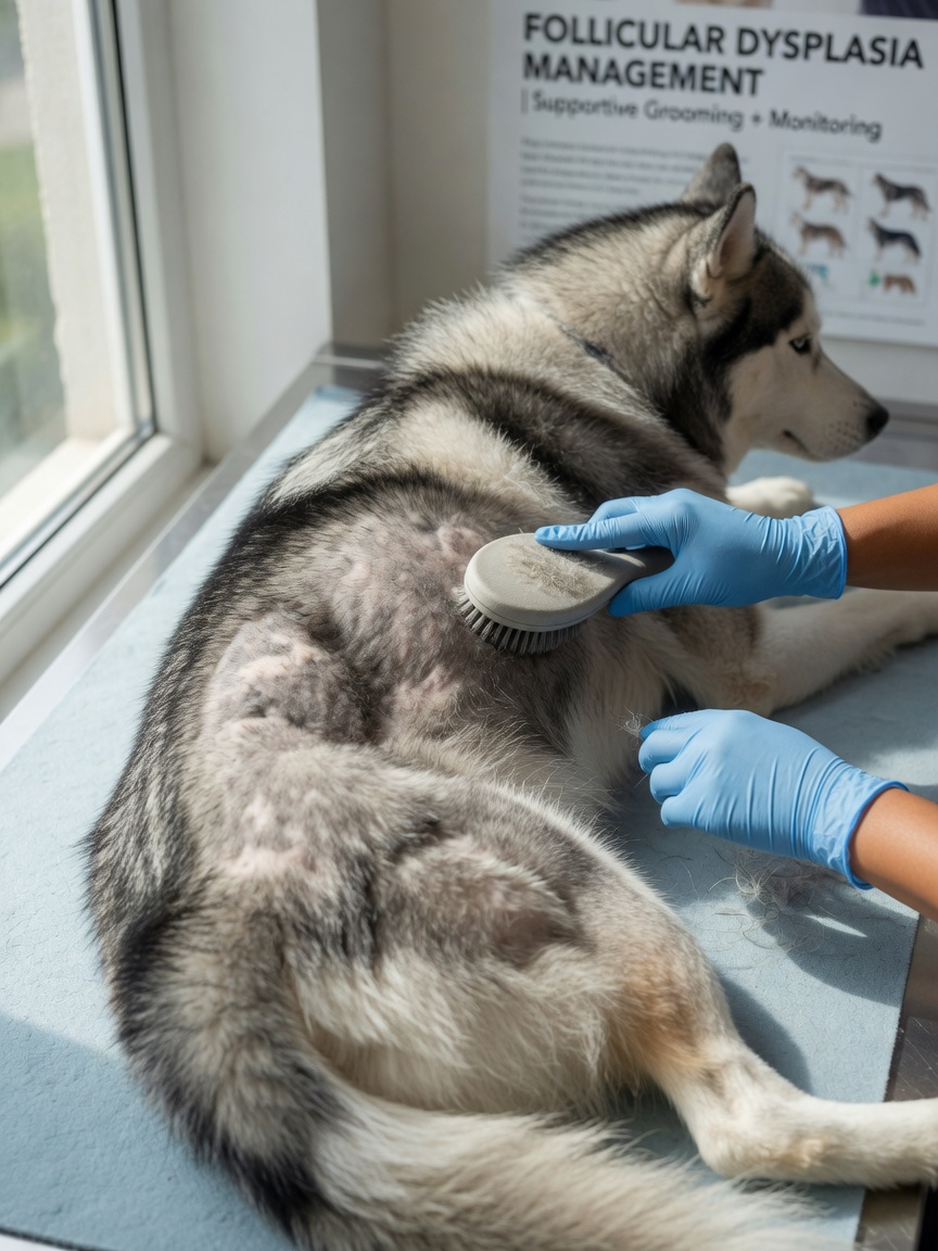 Siberian Husky exhibiting patchy hair loss and follicular dysplasia symptoms along flanks during grooming care