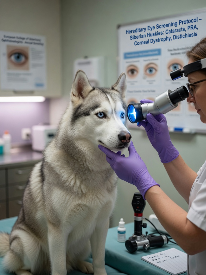 Siberian Husky with heterochromic eyes undergoing veterinary eye examination with ophthalmology equipment