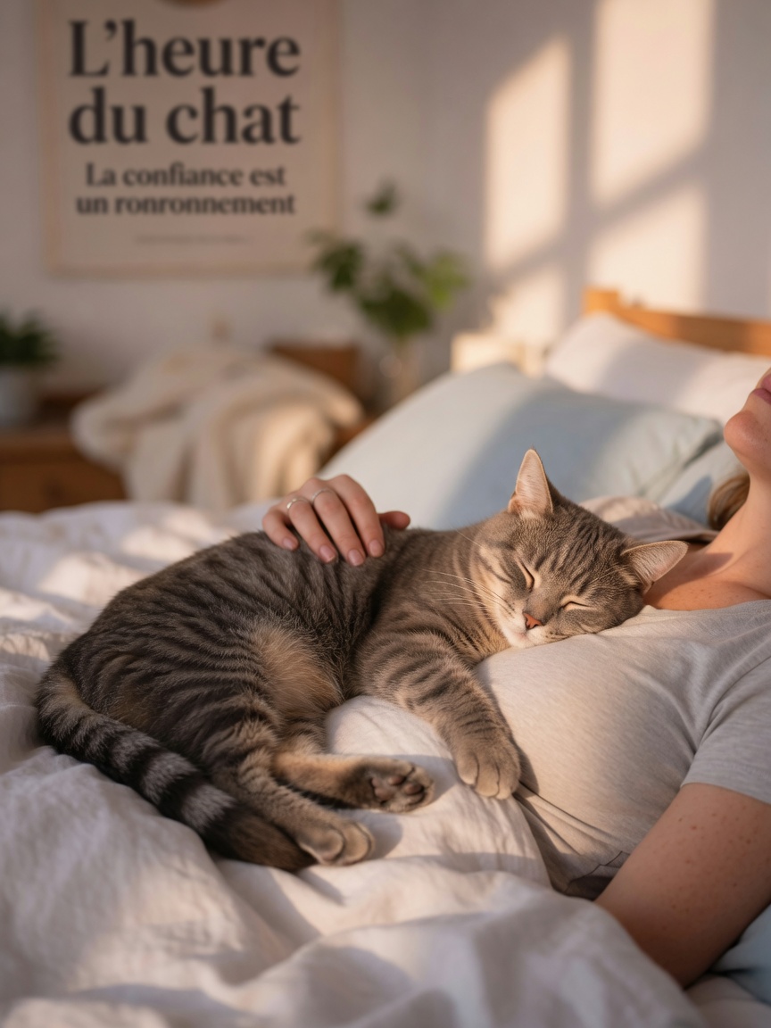 Een tigerkat die vreedzaam op de borst van haar eigenaar slaapt, wat ultiem vertrouwen aantoont