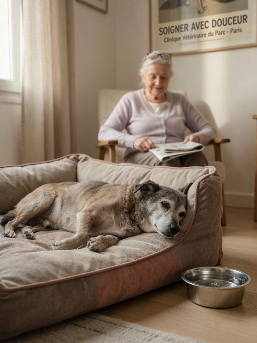 Perro anciano descansando en cama ortopédica con cuenco de agua cerca y dueño sentado en presencia tranquila