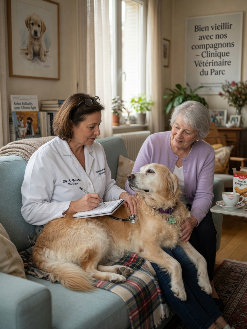 Veterinario realizando evaluación compasiva del final de la vida con perro anciano y dueño presente en entorno doméstico