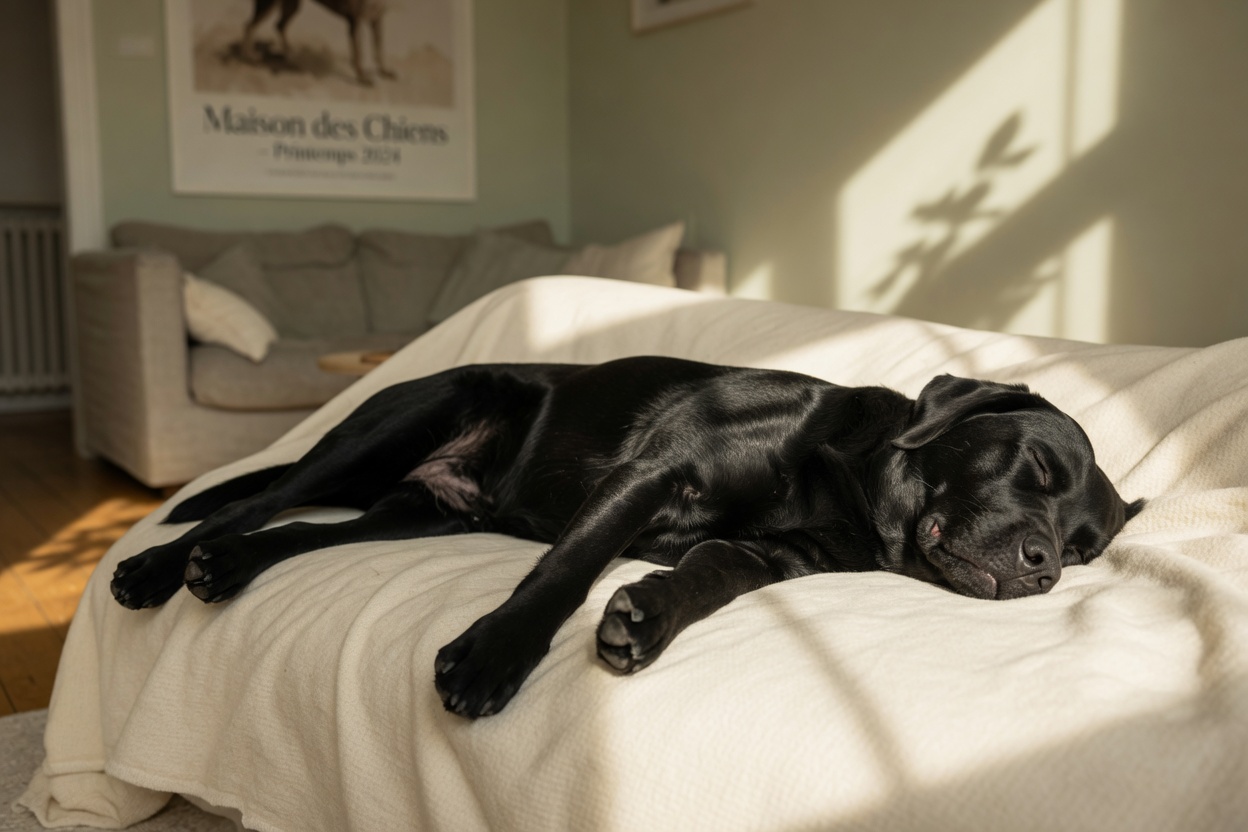 Perro contento durmiendo profundamente en una posición relajada y expuesta sobre una manta suave bajo la luz solar cálida
