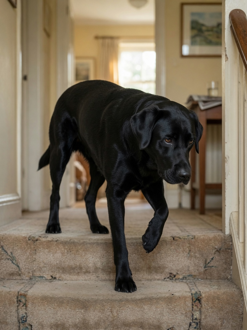 Senior Labrador Retriever showing reluctance and careful movement while descending home stairs, demonstrating arthritis mobility challenges