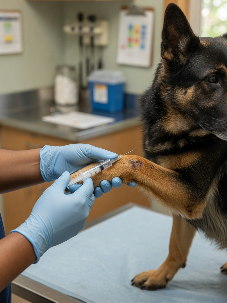 Veterinarian administering intra-articular injection into a German Shepherd's elbow joint during arthritis treatment
