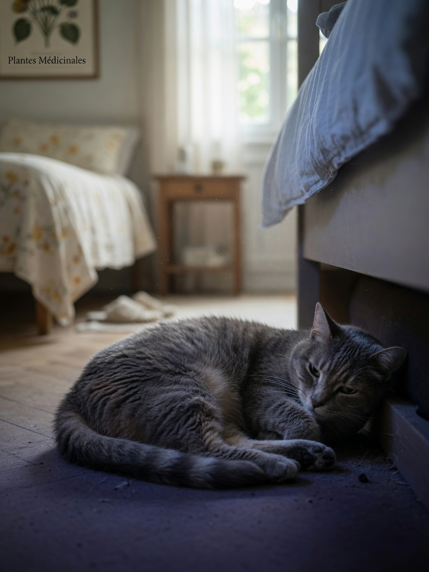 A cat hiding beneath furniture in a dark space, demonstrating pain-related withdrawal and protective behaviour