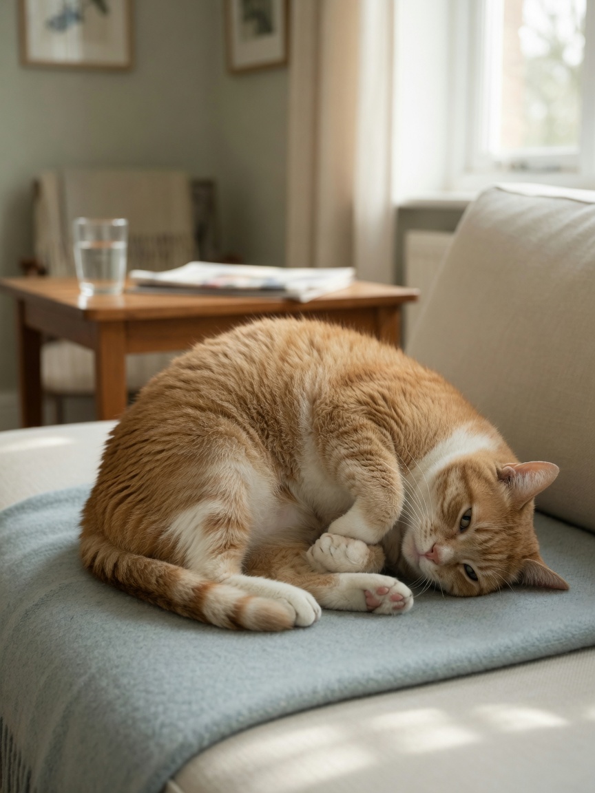 A cat lying in a hunched position with rounded back and tucked belly, displaying postural signs of pain