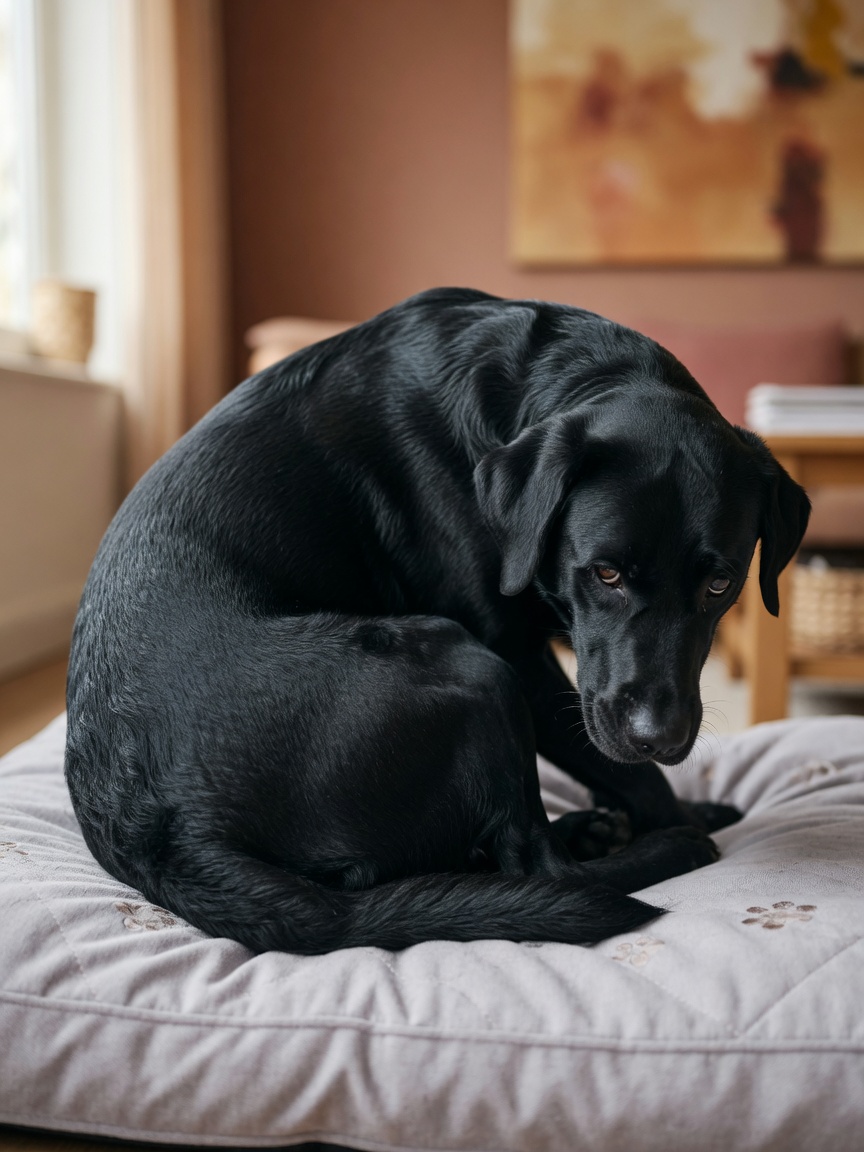 A senior golden retriever hesitating before jumping onto a sofa, showing stiffness and reluctance in movement