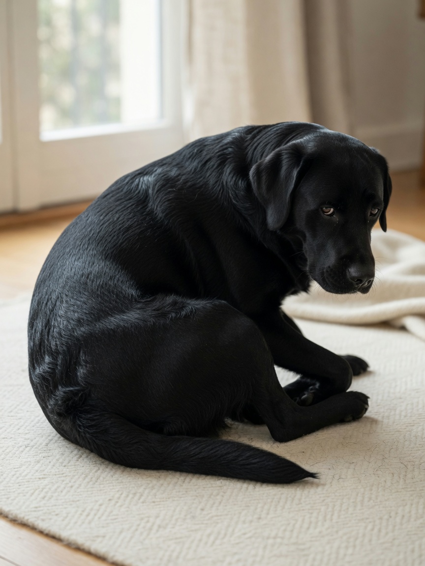 A black Labrador lying with a hunched back, tucked tail, and guarded posture indicating pain
