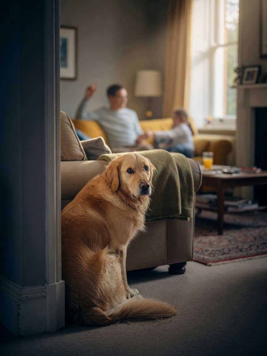 Cão recuando e escondendo-se no canto como sinal de isolamento relacionado com dor